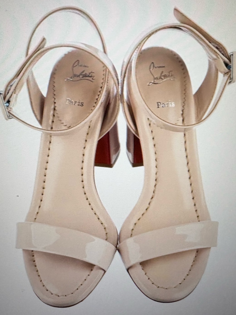 Christian Louboutin Beige Patent Leather Ankle-Strap Block Heels